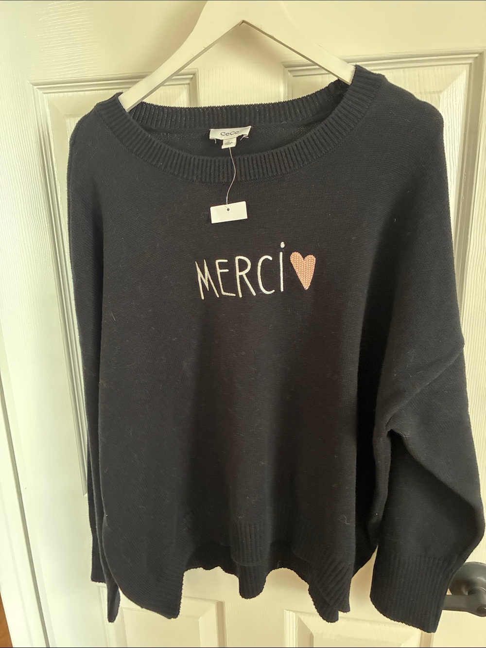 CeCe Black Crewneck Sweater with Pink Heart and MERCI